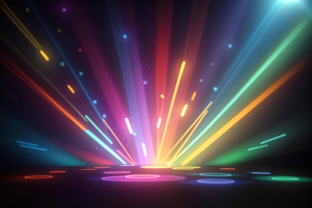 Fundo com raios de luz dos holofotes coloridos Iluminação brilhante com holofotes coloridos Projetor Efeitos de iluminação de cena brilhante em fundo escuro