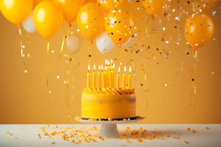 Foto fundo com tema de aniversário com uma série de objetos em fundo castanho