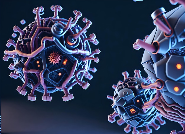 Fundo com visão microscópica de vírus de células de vírus flutuantes renderização 3D de uma ilustração de organismo de vírus