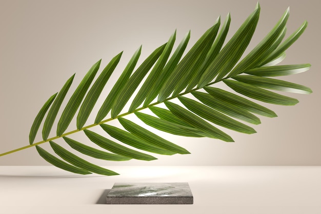 Fundo comercial do produto com renderização 3D de pódio em folha de palmeira e pedra