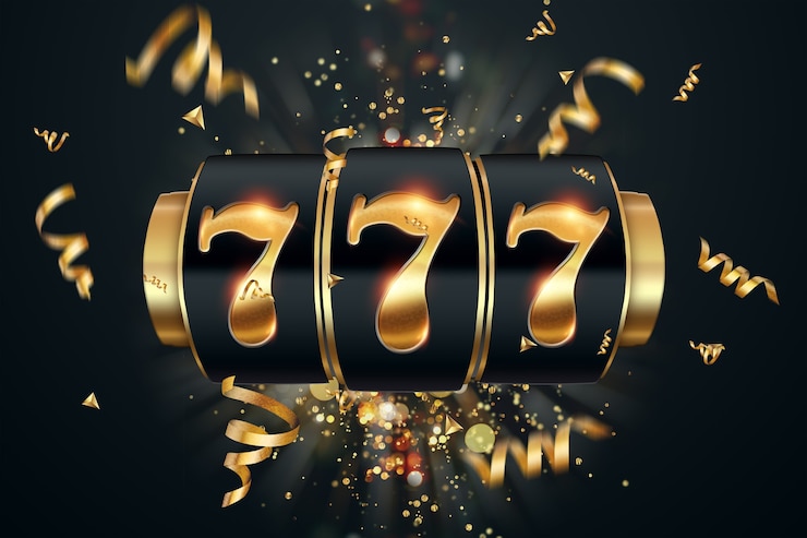Foto fundo criativo de caça-níqueis, lucky sete 777 em caça-níqueis, estilo dourado escuro. conceito de cassino, sorte, jogo, jackpot. 3d render, ilustração 3d.