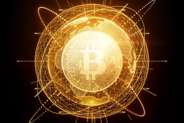 Fundo criativo, moeda de ouro bitcoin, dinheiro eletrônico. Conceito de transferência de blockchain, criptomoeda, criptografia de dados. Mídia mista.