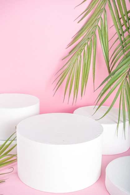 Fundo criativo para exibição de vários produtos. Esvazie diferente suporte branco ou maquete de pódio em fundo rosa com folhas de palmeira tropical, copie o espaço