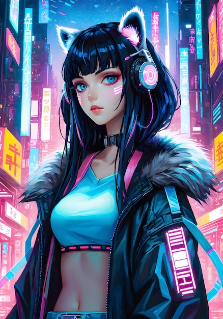 Foto fundo cyberpunk com luzes rosas e azuis girl