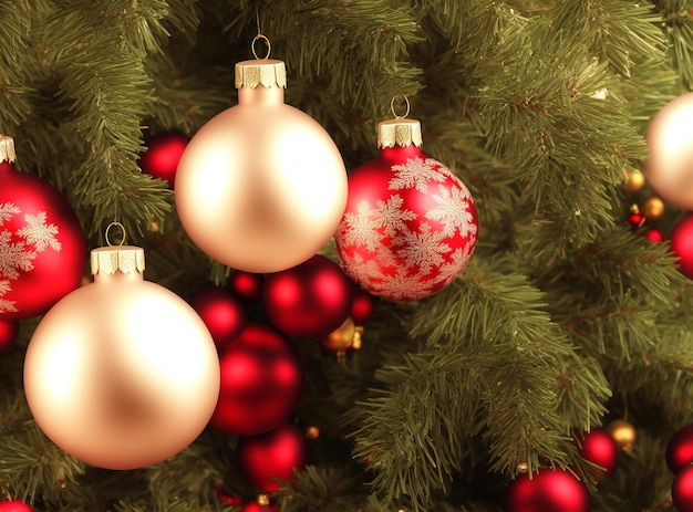 Fundo da árvore de natal com enfeites e presentes no chão de neve