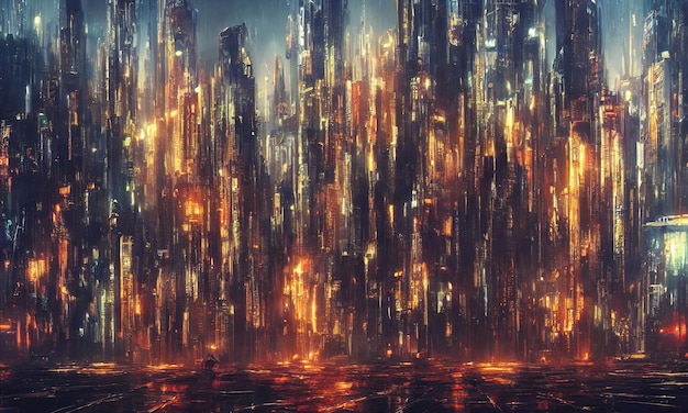 Fundo da cidade Cyberpunk Casas brilhantes são arranha-céus de uma cidade fantástica do futuro ilustração 3d
