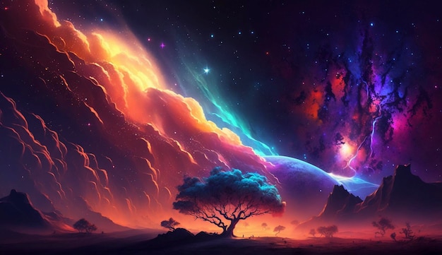 Fundo da fantasia do espaço Céu estrelado colorido Cores de néon Generative Ai