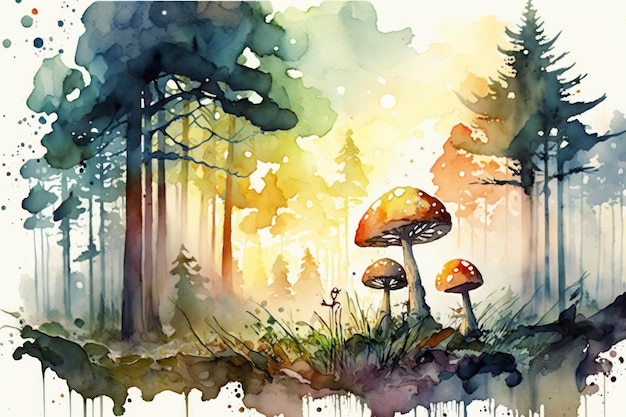 fundo da floresta com aquarela de cogumelo