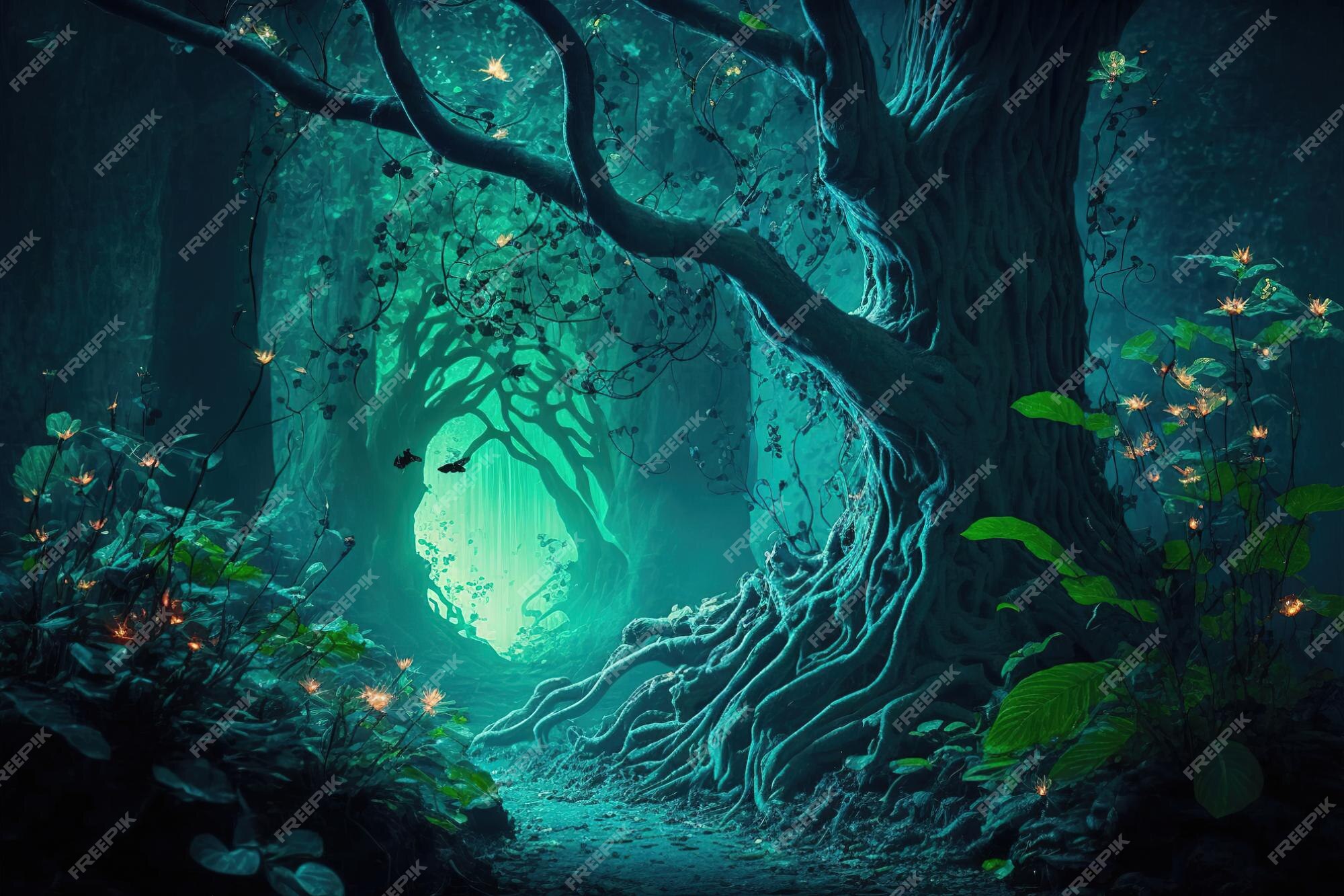 Floresta encantada de conto de fadas iluminada por grandes árvores de  bioluminescência, lua e bela vegetação. Pintura digital [download] - Designi