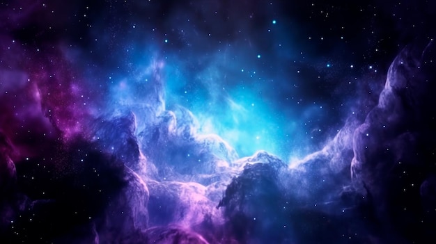 Fundo da galáxia da nebulosa com nuvens do cosmos do espaço azul roxo e belas estrelas da noite do universo IA generativa