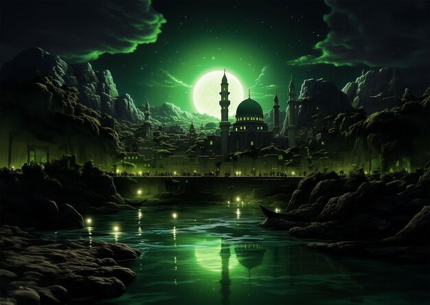 Fundo da mesquita árabe com céu verde e lua