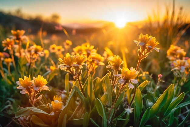 Fundo da natureza com flores no nascer do sol da primavera