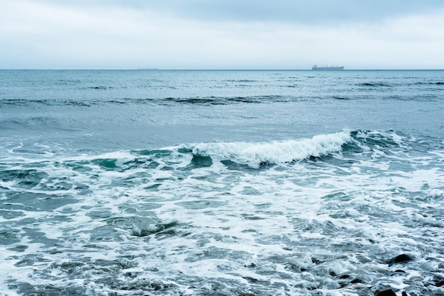 Fundo da natureza com ondas do mar atingindo a costa do mar Vista panorâmica do mar contra o céu nublado