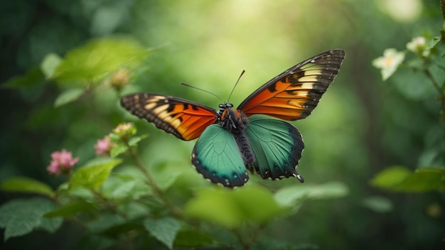 Fundo da natureza com uma bela borboleta voadora com floresta verde