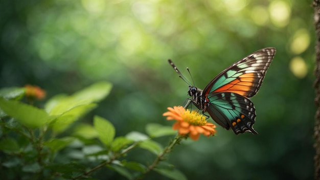 Fundo da natureza com uma bela borboleta voadora com floresta verde