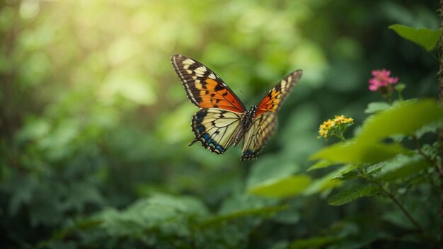 Fundo da natureza com uma bela borboleta voadora com floresta verde