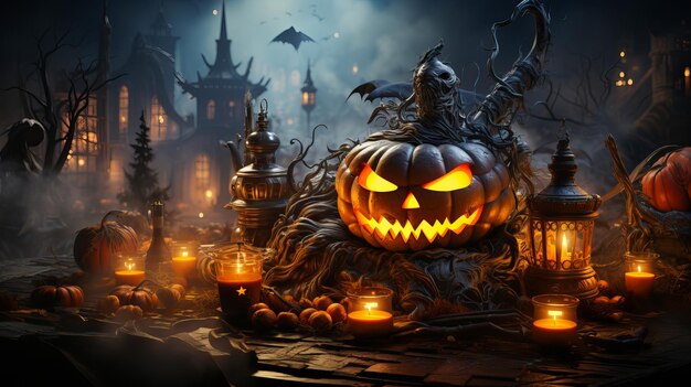 Foto fundo da noite de halloween com um cemitério e abóboras e lua alta ilustração realista detalhada