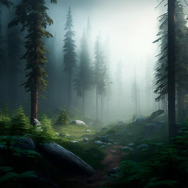 Fundo da paisagem do mistério da névoa da floresta