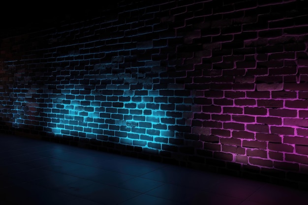 Fundo da parede de tijolos pretos com efeito de iluminação neon de rosa e roxo para azul gerado por IA