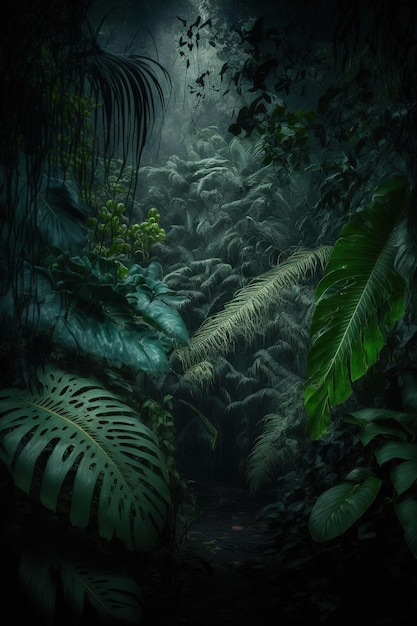 Fundo da selva tropical da noite Floresta tropical atmosférica