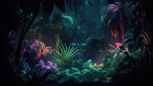 Fundo da selva tropical da noite Floresta tropical colorida atmosférica