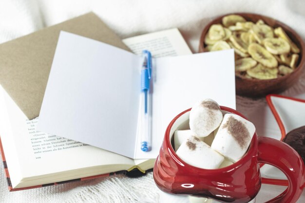 Fundo da véspera de Ano Novo Caneca de Papai Noel com marshmallows biscoitos de Natal livro aberto