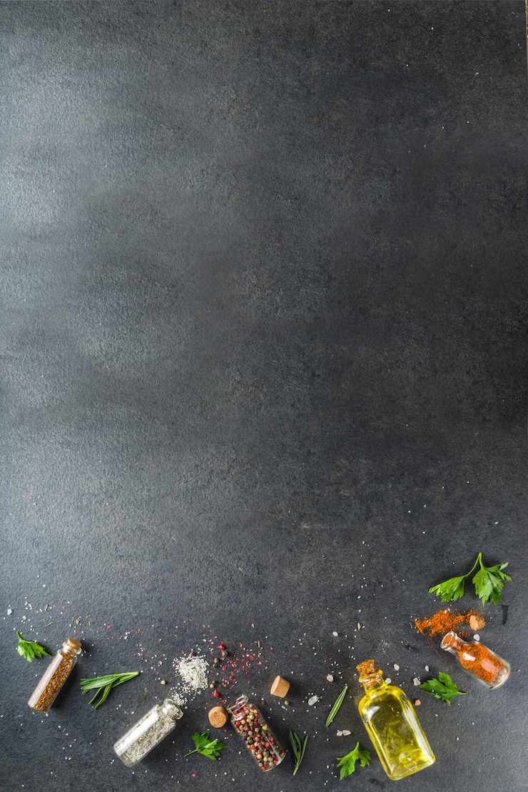 Foto fundo de alimentos com ervas, azeite e especiarias