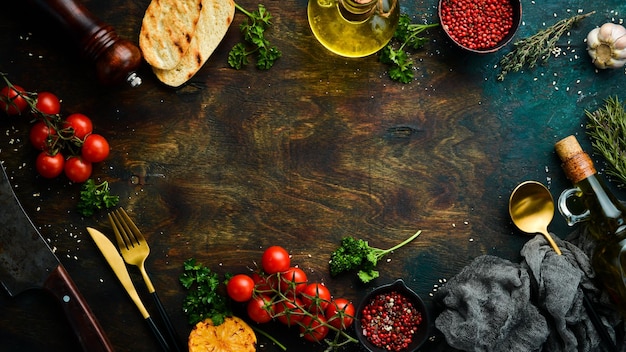 Fundo de alimentos especiarias legumes e talheres em uma mesa escura Espaço livre para o seu texto
