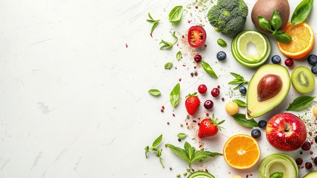 Fundo de alimentos orgânicos e espaço de cópia fotografia de alimentos diferentes frutas e legumes isolado fundo branco produto de alta resolução