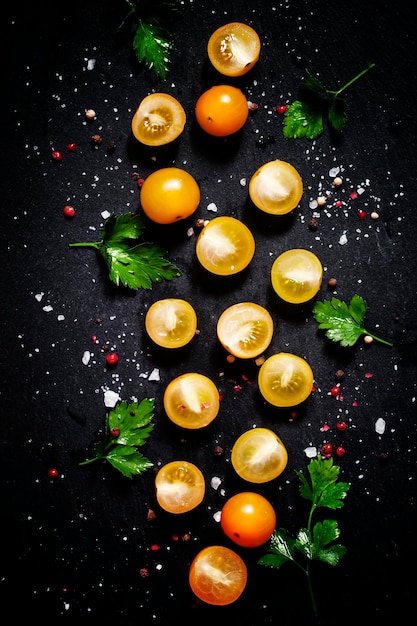 Fundo de alimentos tomate cereja amarelo metades de especiarias salgadas em uma vista superior de fundo escuro