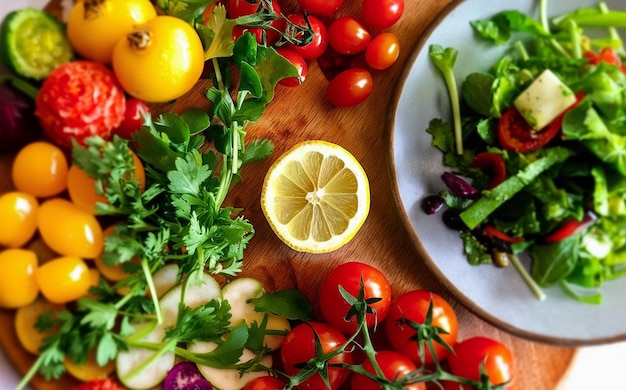 Fundo de alimentos veganos saudáveis com tábua de cortar e fatias de limão Vista superior para fundo de alimentos orgânicos com táboa de corte e fati as de limão