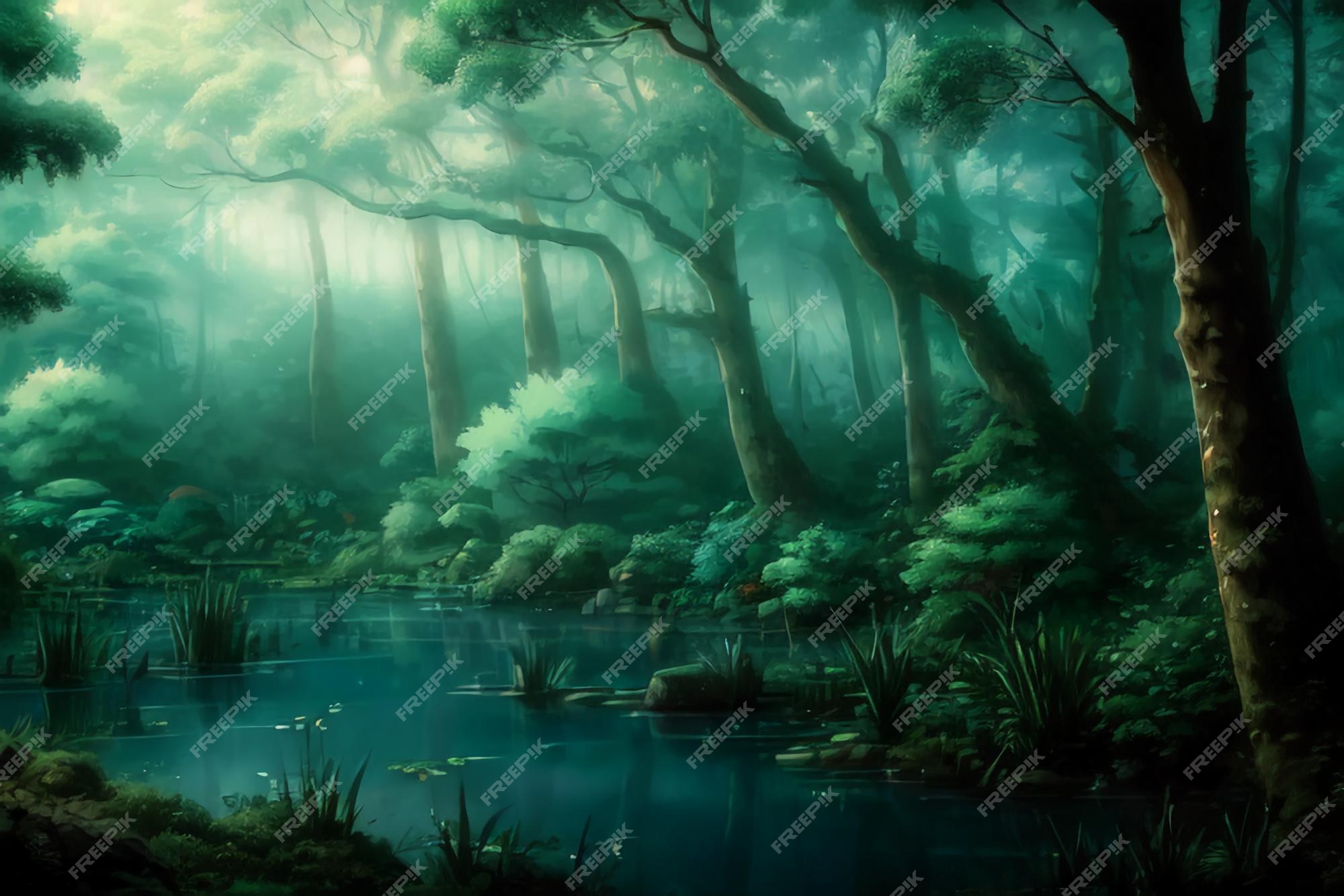 Fundo de anime com uma floresta e uma lagoa