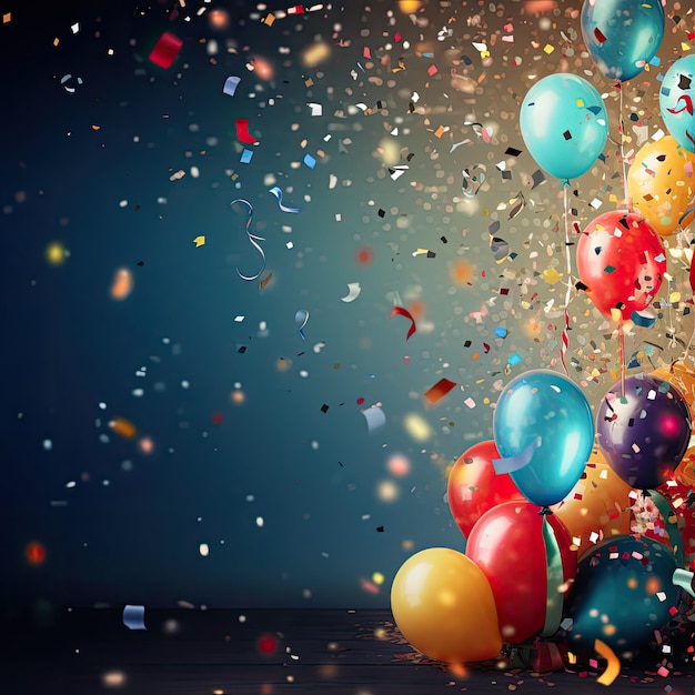 Fundo de aniversário colorido e festivo com balões, faixas e confetes