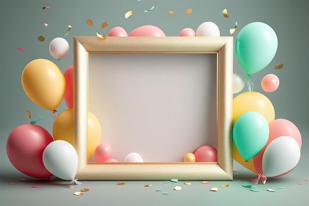 Fundo de aniversário com balões de moldura de círculo Ilustração AI Generative