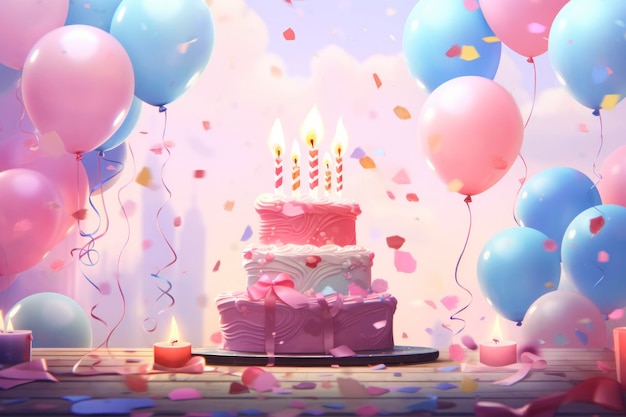 Fundo de aniversário com bolo de aniversario com velas e balão colorido