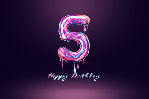Fundo de aniversário de cinco anos, número de doce rosa em fundo escuro. Conceito de fundo de feliz aniversário, modelo de folheto, festa, cartaz. Ilustração 3D, renderização em 3D.