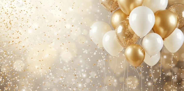 fundo de aniversário feliz com balão realista e confete dourado