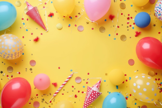 Fundo de aniversário vista superior Quadro de balões e várias decorações de festa em um fundo amarelo