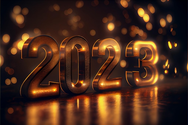 Foto fundo de ano novo 2023 com luz de bokeh de fogos de artifício e papel de parede de letras 2023