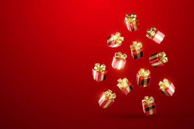 Fundo de Ano Novo caindo presentes de Ano Novo com arcos em um fundo vermelho conceito de feriado presente de Natal dando ilustração 3D 3D Render espaço de cópia