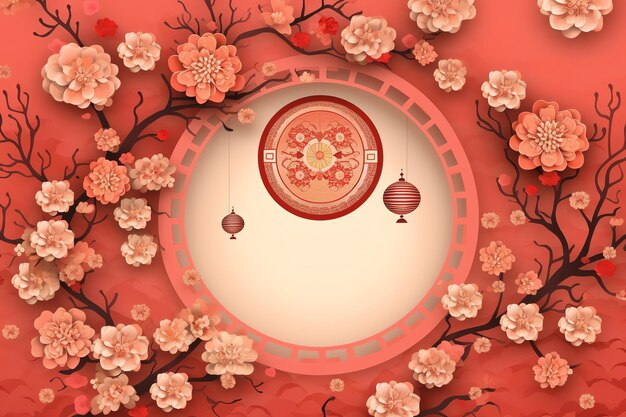 Foto fundo de ano novo chinês com flores de sakura de lanternas tradicionais e espaço de cópia ano novo lunar