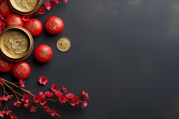 Fundo de ano novo chinês com flores de sakura de lanternas tradicionais e espaço de cópia Ano novo lunar