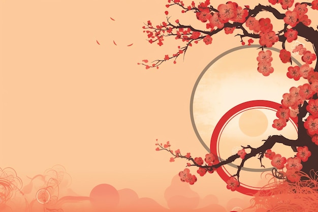 Fundo de ano novo chinês com flores de sakura de lanternas tradicionais e espaço de cópia Ano novo lunar