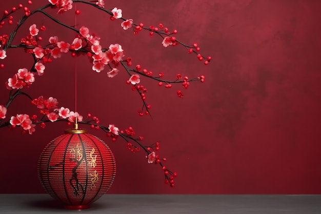 Fundo de ano novo chinês com flores de sakura de lanternas tradicionais e espaço de cópia Ano novo lunar