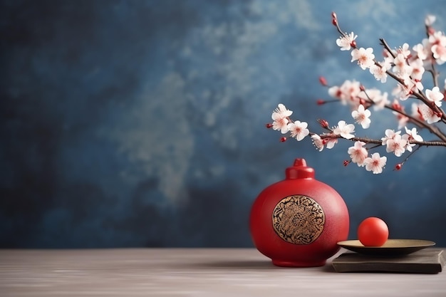 Fundo de ano novo chinês com flores de sakura de lanternas tradicionais e espaço de cópia Ano novo lunar