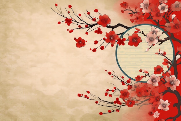 Fundo de ano novo chinês com flores de sakura de lanternas tradicionais e espaço de cópia Ano novo lunar