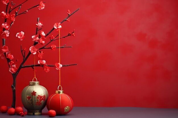 Fundo de ano novo chinês com flores de sakura de lanternas tradicionais e espaço de cópia Ano novo lunar