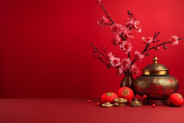 Fundo de ano novo chinês com flores de sakura de lanternas tradicionais e espaço de cópia Ano novo lunar