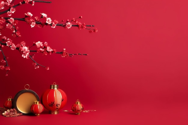 Fundo de ano novo chinês com flores de sakura de lanternas tradicionais e espaço de cópia Ano novo lunar