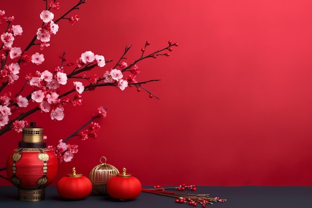 Fundo de ano novo chinês com flores de sakura de lanternas tradicionais e espaço de cópia Ano novo lunar